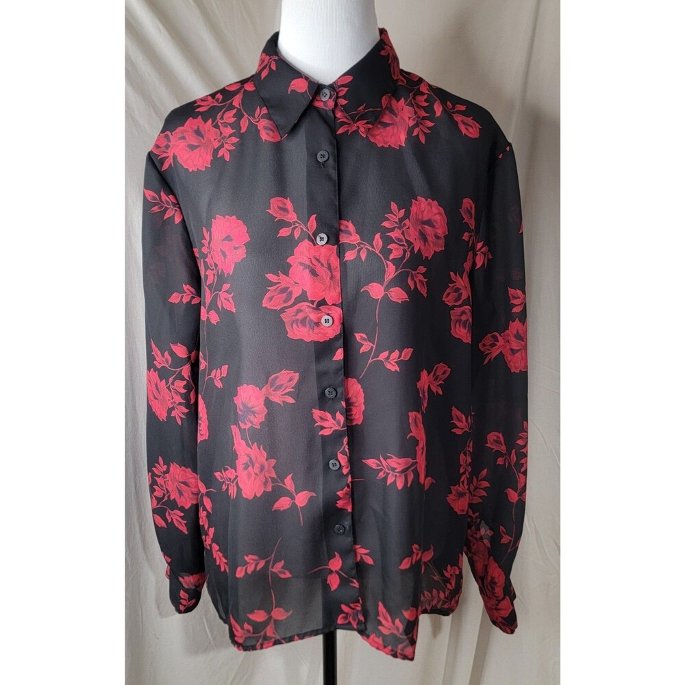 Notations Black Red Rose Floral Sheer Button Blouse Women’s Large Lightweight